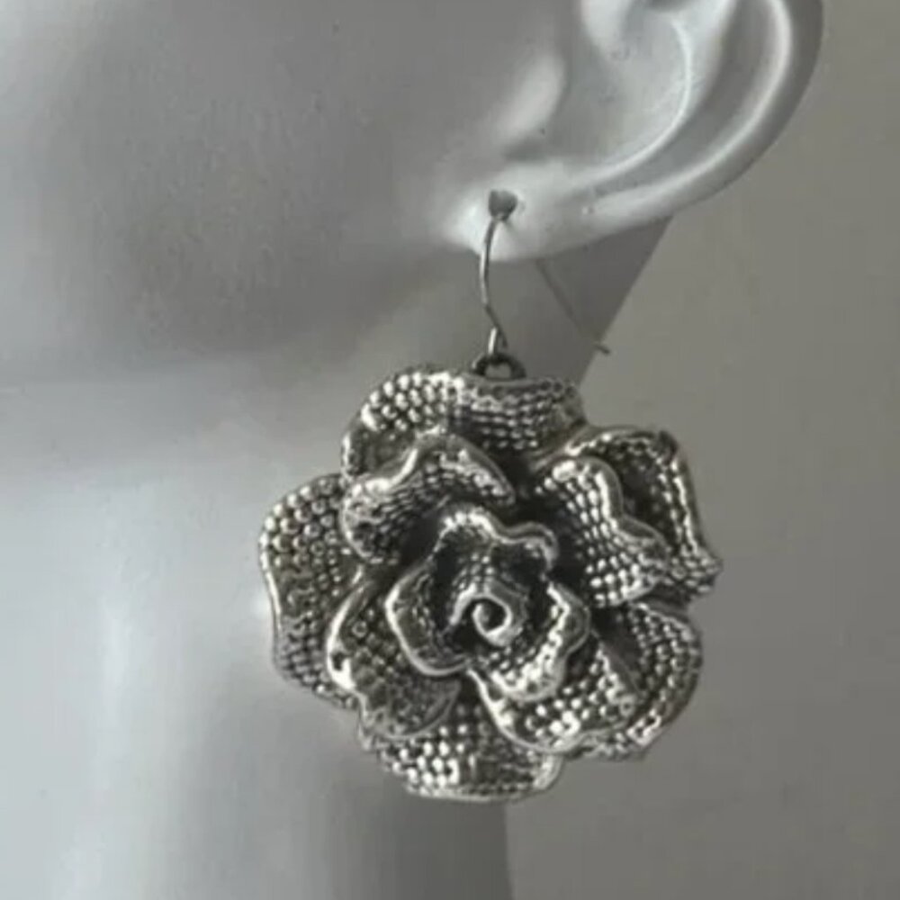 E&L Sterling Silver Rose Flower Electroform Earrings Israel 2 3/8"